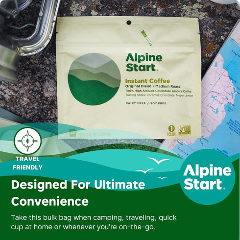 Alpine Start Instant Coffee Powder Mix, Medium Roast Original Blend, Hot or Cold Brew, 30 Servings