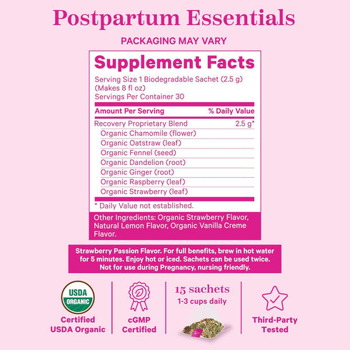 Pink Stork Organic Postpartum Recovery Herbal Tea, Caffeine-Free Red Raspberry Leaf with Chamomile, 15 Sachets,
