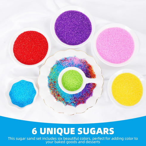 KASVAN 9.2oz 6 Edible Sanding Sugar Sprinkles, Rainbow Sugar Sprinkles, Colors Pink Blue Purple Yellow Green Red
