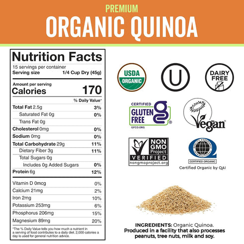 24 oz (1.5 lb) Viva Naturals Organic Quinoa, Pre-Washed Whole Grain, Plant Protein, USDA Organic, Gluten-Free, Non-GMO