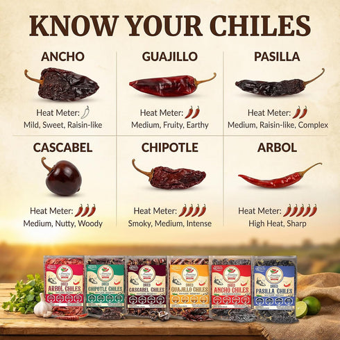 6 Pack (24oz Dried Peppers Bundle - Ancho, Guajillo, Pasilla, Arbol, Chipotle, Cascabel Total). By Amazing Chiles