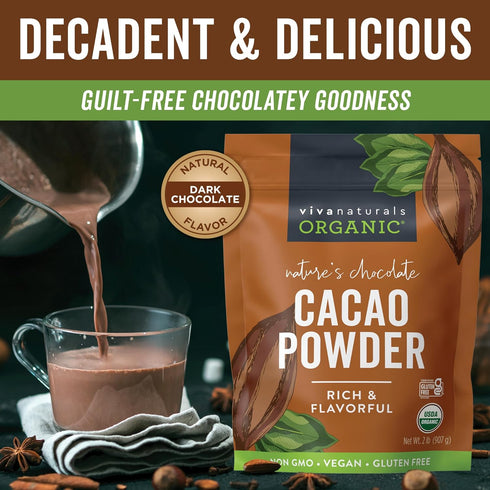 Viva Naturals Organic Cacao Powder, 2lb - Unsweetened Cocoa Powder With Rich Dark Chocolate Flavor, Perfect for Baking & Smoothies - Certified Vegan, Keto & Paleo, Non-GMO & Gluten-Free, 907 g