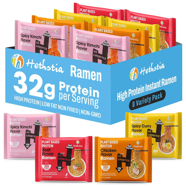 Hethstia High-Protein Ramen Variety Pack, 8-Pack Instant Ramen Noodle Soup (Chicken, Beef,