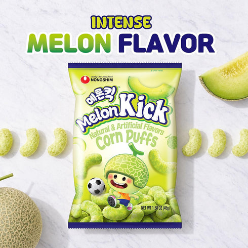 1.58 oz (Pack 20) Nongshim Melon Kick Puff Snack - Sweet and Crispy Corn Puff with Creamy Melon Flavor - Crunchy