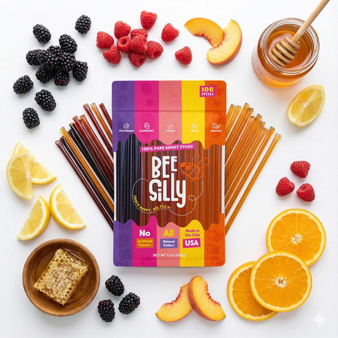 Bee Silly 15 (100 pack, Pack: Flavored Honey Sticks - USDA Grade Single Serve Straws, Only Calories Each - Pure Natural