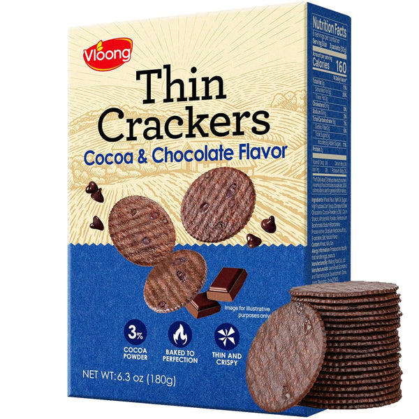 Vloong Cocoa & Chocolate Sweet Snack Cracker, Baked Crisp Cookie Thins with