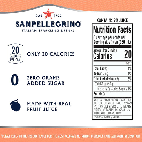 6 11.15 Oz Sanpellegrino Italian Sparkling Drink, Peach Clementine, Cans, Fl Can