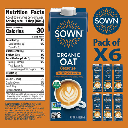 32oz (Pack 6) SOWN Organic Oat Creamer Salted Caramel - Barista Oat Milk Non Dairy Coffee Creamer - Plant Based