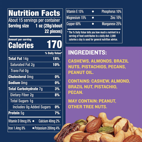 15.25 oz PLANTERS Unsalted Mixed Nuts, Cashews, Pistachios, Almonds, Brazil Nuts, and Pecans, Plant-Based Protein
