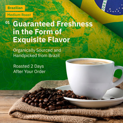 12oz Organic Specialty Whole Bean Coffee - Freshly Roasted to Order - Medium Roast, Single Origin Brazilian Santos