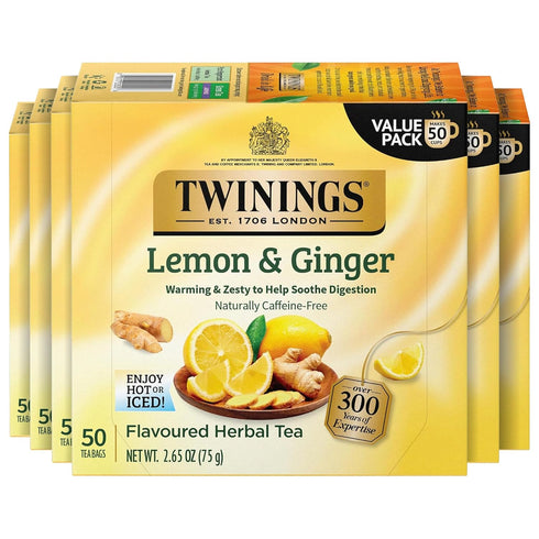Twinings Lemon & Ginger Herbal Tea Individually Wrapped Bags, 50 Count (Pack