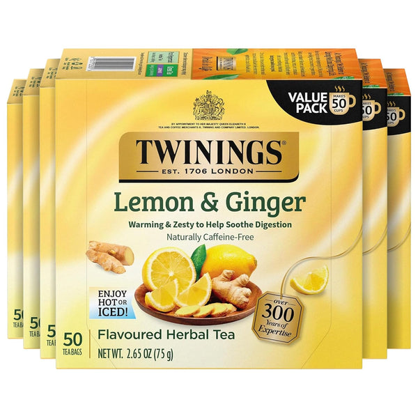 Twinings Lemon & Ginger Herbal Tea Individually Wrapped Bags, 50 Count (Pack