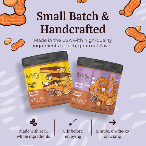 Pack 9oz Pack 4 BNutty Gourmet Peanut Butter Variety | Totally Toffee, Blissful Blueberry, Irresistible Pretzel
