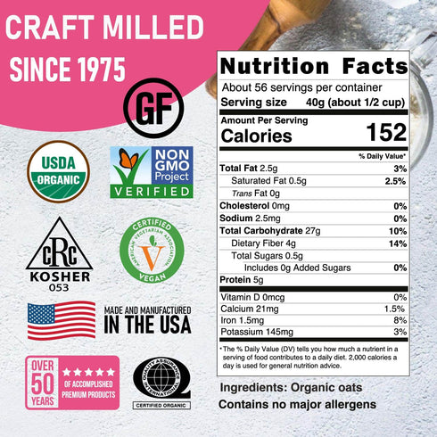5 Lb Great River Milling Organic Extra Thick Rolled Oats | Whole Grain, Gluten Free, Non-GMO, Kosher Certified | Hearty