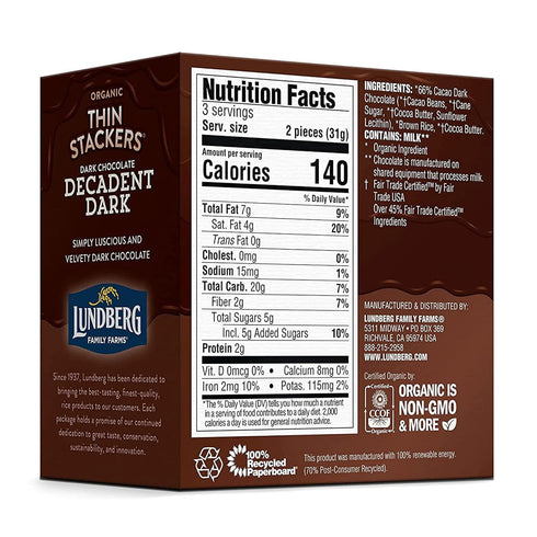 3.3 (Pack 6) Lundberg Organic Thin Stackers Rice Cake, Decadent Dark Chocolate, Fair Trade, Kosher, USDA Certified