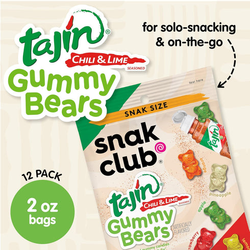Gummy Gummies 2 oz 12 Pack Snak Club Tajin Bears, Assorted Fruit Candy with Chili and Lime Seasoning, Mild, Gluten-Free