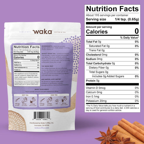 Waka Tea, Traditional Masala Chai Instant Tea, No Sugar or Milk Added and Vegan, 100% Natural Spices and Premium Indian Instant Tea, No Steeping Required, 4.5 Oz Bulk Bag For up to 195 Servings