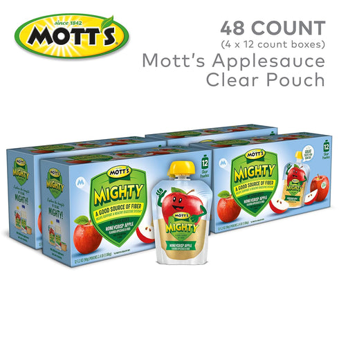 3.2 Oz 48 Count (4 Packs 12), Mott's Mighty Honeycrisp Apple Applesauce, Clear Pouches, of No Sugar Added, Good Source