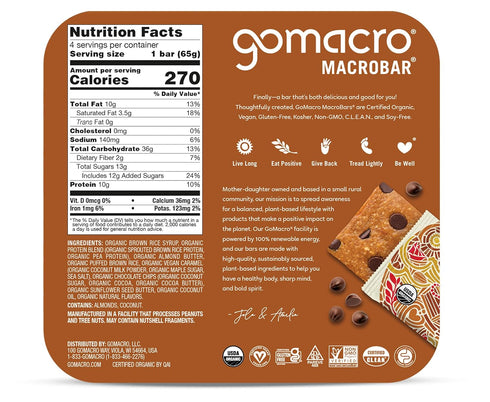 4ct, 2.3 OZ GOMACRO Organic Salted Caramel & Chocolate Chip Protein Bar