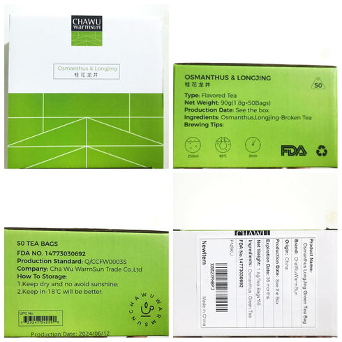 ChaWuWarmSun Osmanthus & LongJing Green Tea Bags, 50 Tea Bags, Natural Flower and Broken Tea