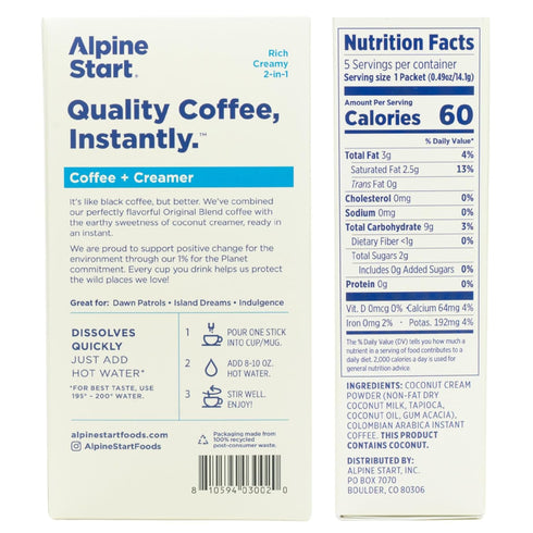 Alpine Start Instant Coffee Packets with Creamer - Single Serve Latte Powder Mix from Arabica Coffee Beans