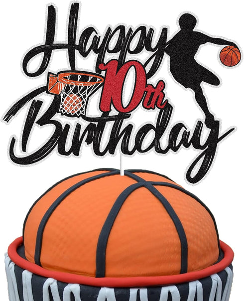 Basketball Happy 10th Birthday Cake Topper, 10 Years Old Basketball Player Scene Cake Decoration for Boys Kids Party