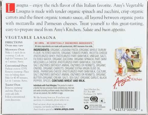 9.5 Amy's, Lasagna Vegetable, Ounce