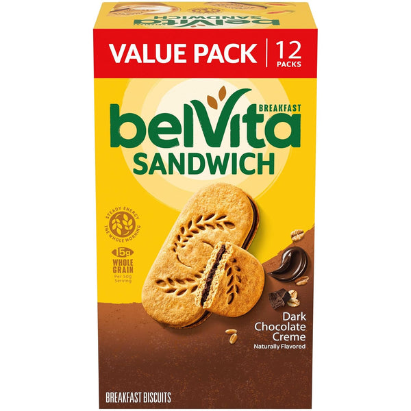 belVita Breakfast Bar Biscuit Sandwiches, Dark Chocolate Creme, Value Pack, 12 Packs