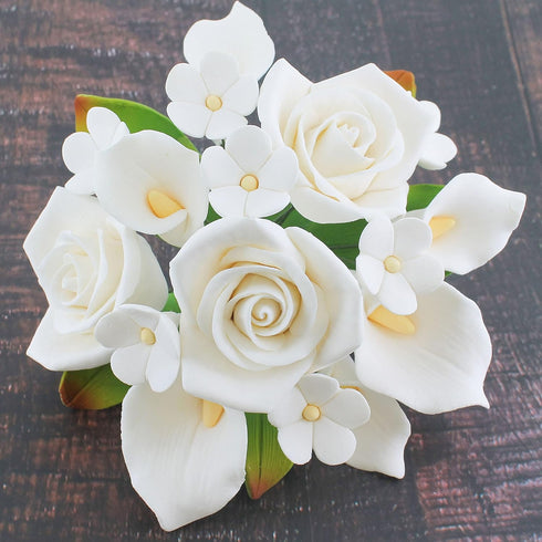 Global Sugar Art Calla Lily and Peace Rose Sugar Flower Bouquet, White Wedding Cake Topper by Chef Alan Tetreault