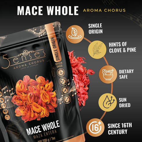 5Senses 7oz 200g Premium Whole Mace Spice Indian Javitri Nutmace Single Origin Kerala Non-GMO Fairtrade Kosher