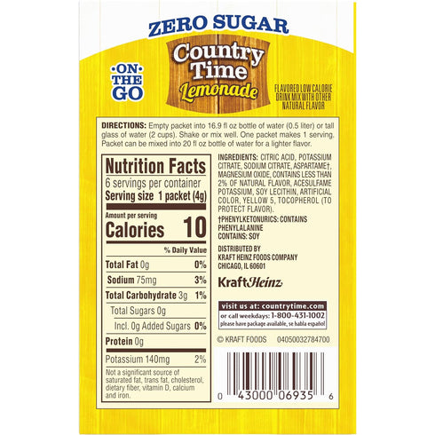 Country 6 Packets Time Zero Sugar Lemonade Naturally Flavored Powdered Drink Mix, ct On-the-Go