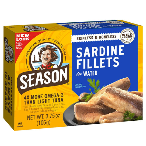 Season Sardines in Water Skinless & Boneless, Wild Caught, 22g of Protein,