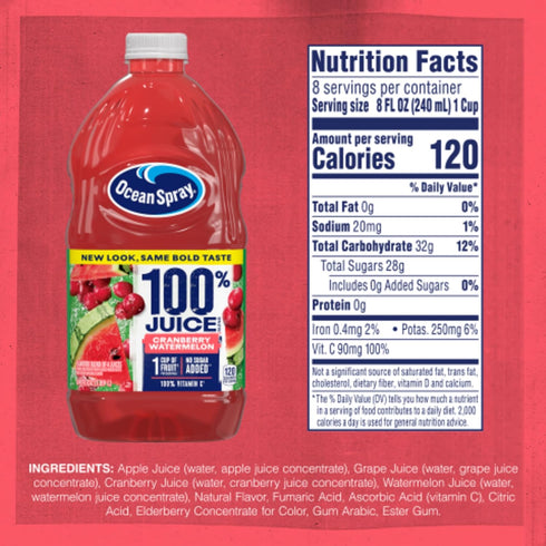 100% 64 Oz (Pack 1) Ocean Spray Juice Cranberry Watermelon Juice Blend, Fl Bottle