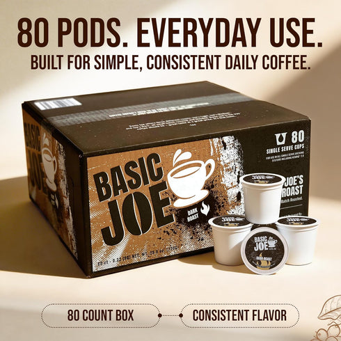 80 Count 100% Basic Joe Dark Roast Coffee Pods - | Bold Single Serve K-Cup Compatible Pods | Arabica | Strong Morning