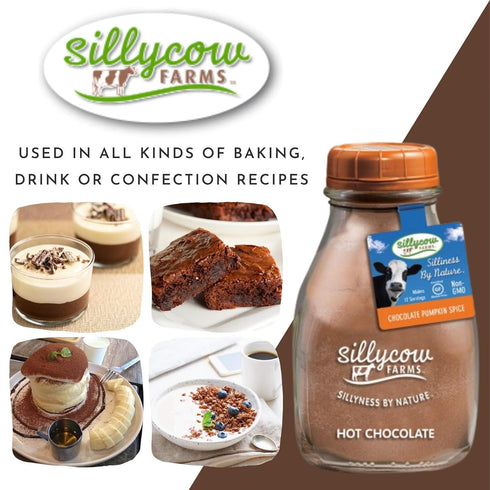 Packaging 16.9 oz Pack 6 Sillycow Farms Hot Cocoa Pumpkin Spice Mix Rich Chocolate Delight Gluten Free Non GMO Dairy