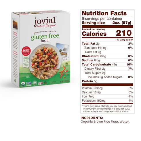 12 Oz, 6 Pack Jovial Whole Grain Brown Rice Fusilli Pasta - Pasta Fusilli, Fusilli Pasta, Whole Grain Pasta, Organic