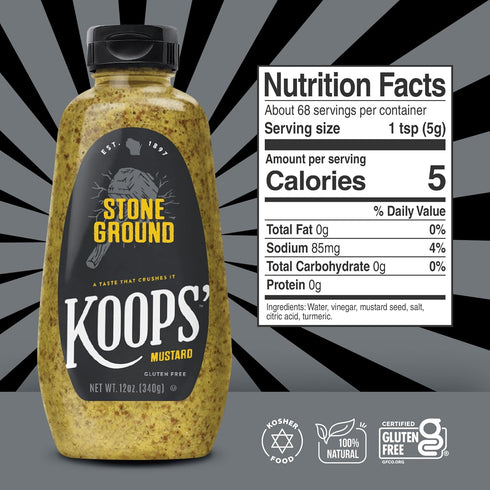 12 Oz, Pack 4 Koops' Organic Stone Ground Mustard Old-Fashioned Mustard, Gluten-Free, Kosher, Non-GMO, USDA Certified