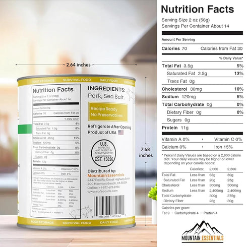 28 Oz 5-Year 1 Pack MOUNTAIN ESSENTIALS Canned Pork Fully Cooked, Ready to Eat Pantry Staple Canned Meat for Everyday