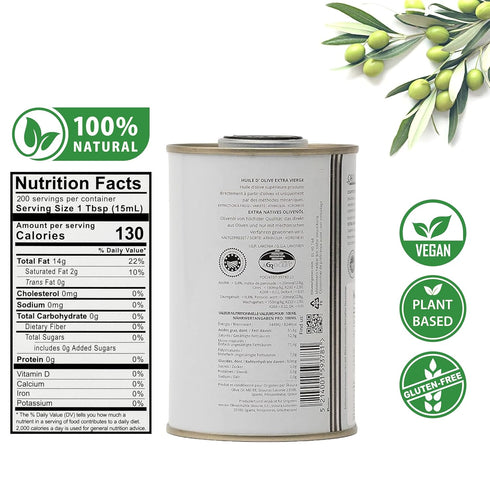 Pack 2 2X250ml of Extra Virgin Olive Oil Tin, Great Taste Cold Pressed, Intense Flavor, Contains Polyphenols Rich Olive