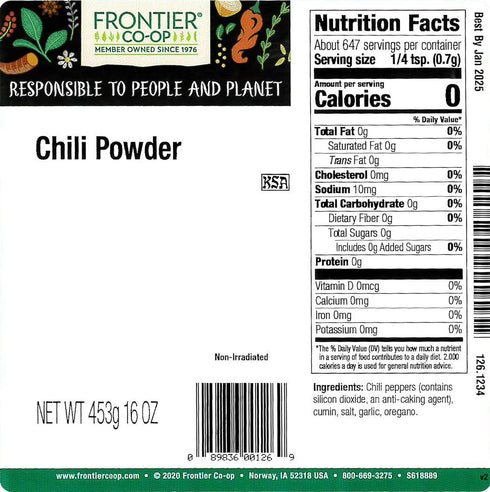 1 lb. Frontier Co-op Chili Powder Blend, Traditional (no salt), Kosher, Salt-Free, Non-irradiated | Bulk Bag