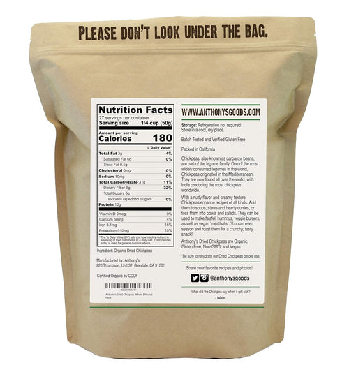 3 lb, Anthony's Organic Dried Chickpeas, Dry Garbanzo Beans, Gluten Free, Non GMO, Vegan