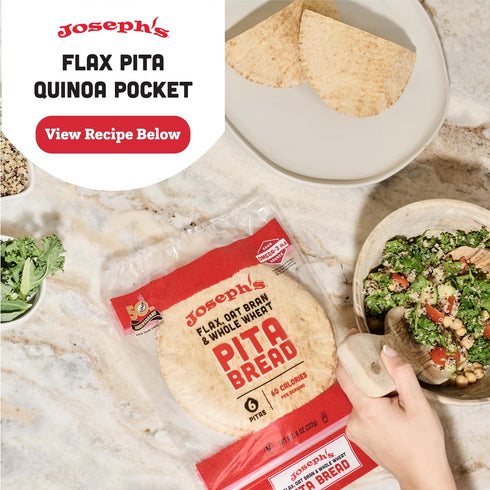 2-Pack, 7g (6 Pack, 18 Joseph's Pita Bread Value Flax Oat Bran and Whole Wheat, Net Carbs per Serving, Fresh Baked per
