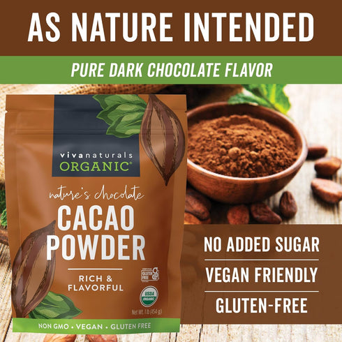 Viva Naturals Organic Cacao Powder, 1lb, Unsweetened Cacao Powder for Baking & Smoothies