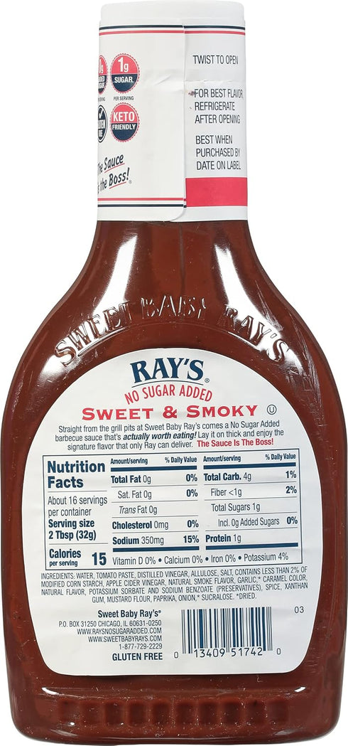 Ray's No Sugar Added Sweet & Smoky Barbecue Sauce, 18.5 oz. (Pack of 3)