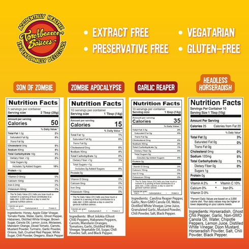 4 pack, 5oz Torchbearer Hot Ones Variety Hot Sauce - Garlic Reaper, Son Of Zombie, Zombie Apocalypse, Headless
