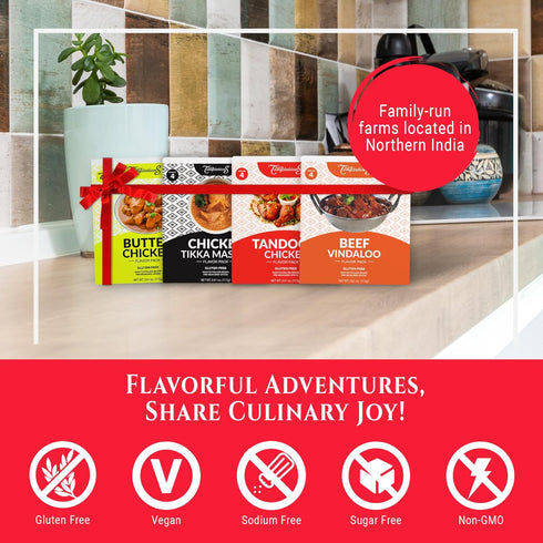 Flavor Temptations Beginner Seasoning Set: TIKKA MASALA, BUTTER CHICKEN, TANDOORI CHICKEN, BEEF VINDALOO Indian Food