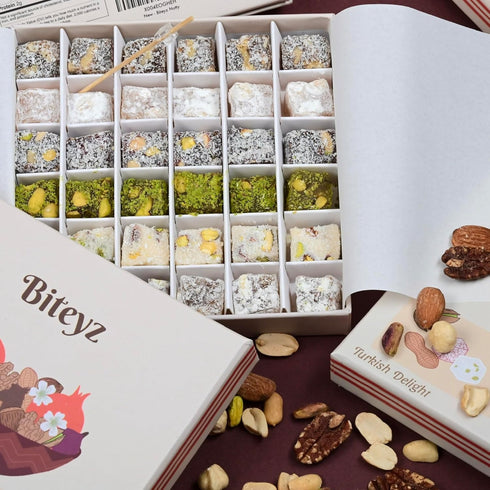 36 Biteyz Nutty Turkish Delight, Vegan Candy Gift Box - Assorted Gourmet Treats with Pistachios, Walnuts, Hazelnuts