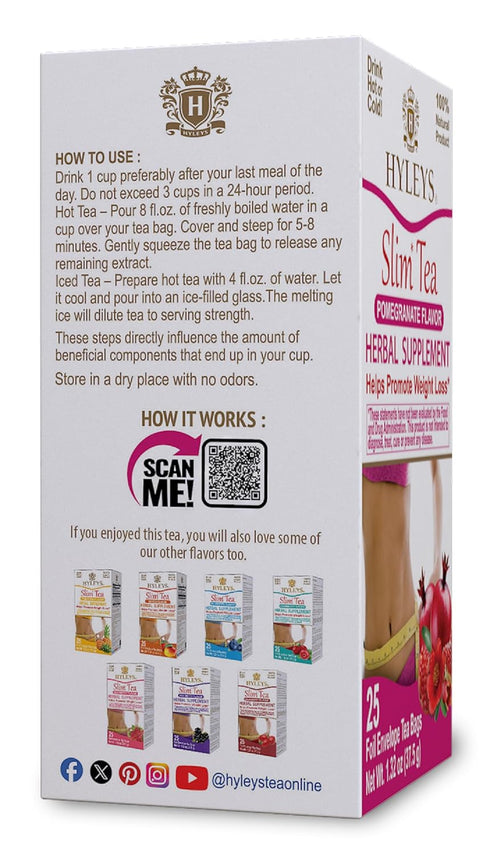 Hyleys Slim Tea Pomegranate Flavor - Herbal Supplement for Weight Loss, Cleanse & Detox - 25 Tea Bags