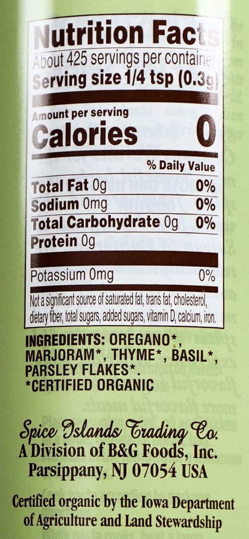 Spice Islands 4.5 Organic Italian Seasoning Salt-Free Gluten-Free, Ounce
