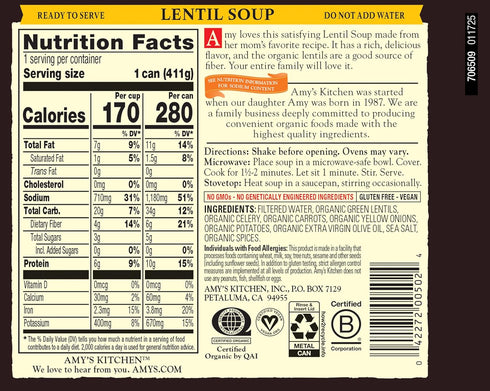 14.5 Oz (6 Pack) Amys Soup, Vegan Lentil Canned Soup, Gluten Free, Made With Organic Green Lentils and Vegetables